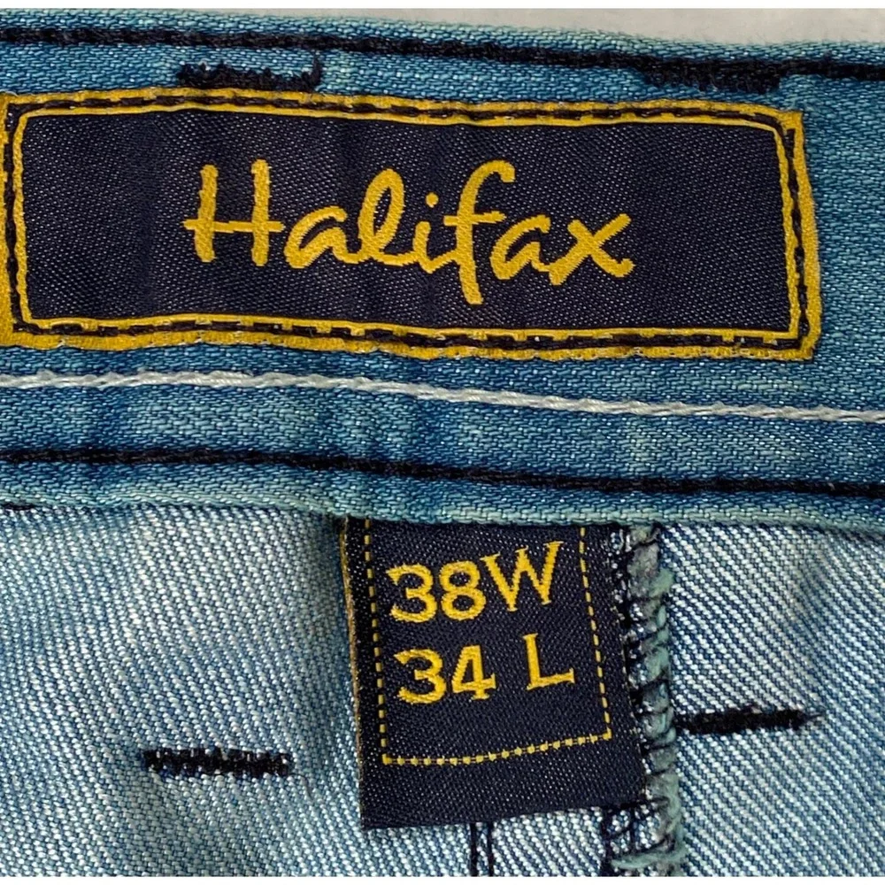 Halifax Mens Straight Leg Jeans Light Blue‎ Denim 38W 34L Embroidered Pockets